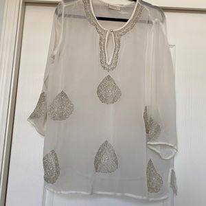 Chico’s Sheer White Tunic Blouse with Keyhole and Embroidered Silver Accents